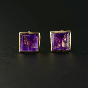 10K Gold Natural Square Cut Amethyst Post Earrings