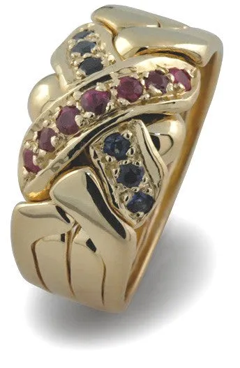 14K Gold 4 Band Ruby Sapphire Puzzle Ring 4BX7R6S