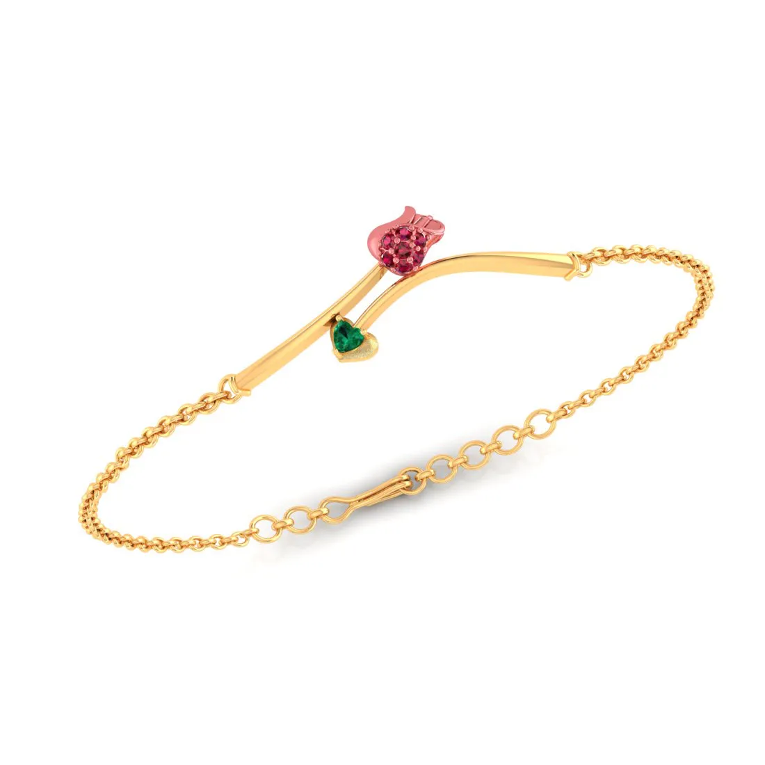 14k Gold Bracelet With A Yellow Shaped Design And A Green Stone