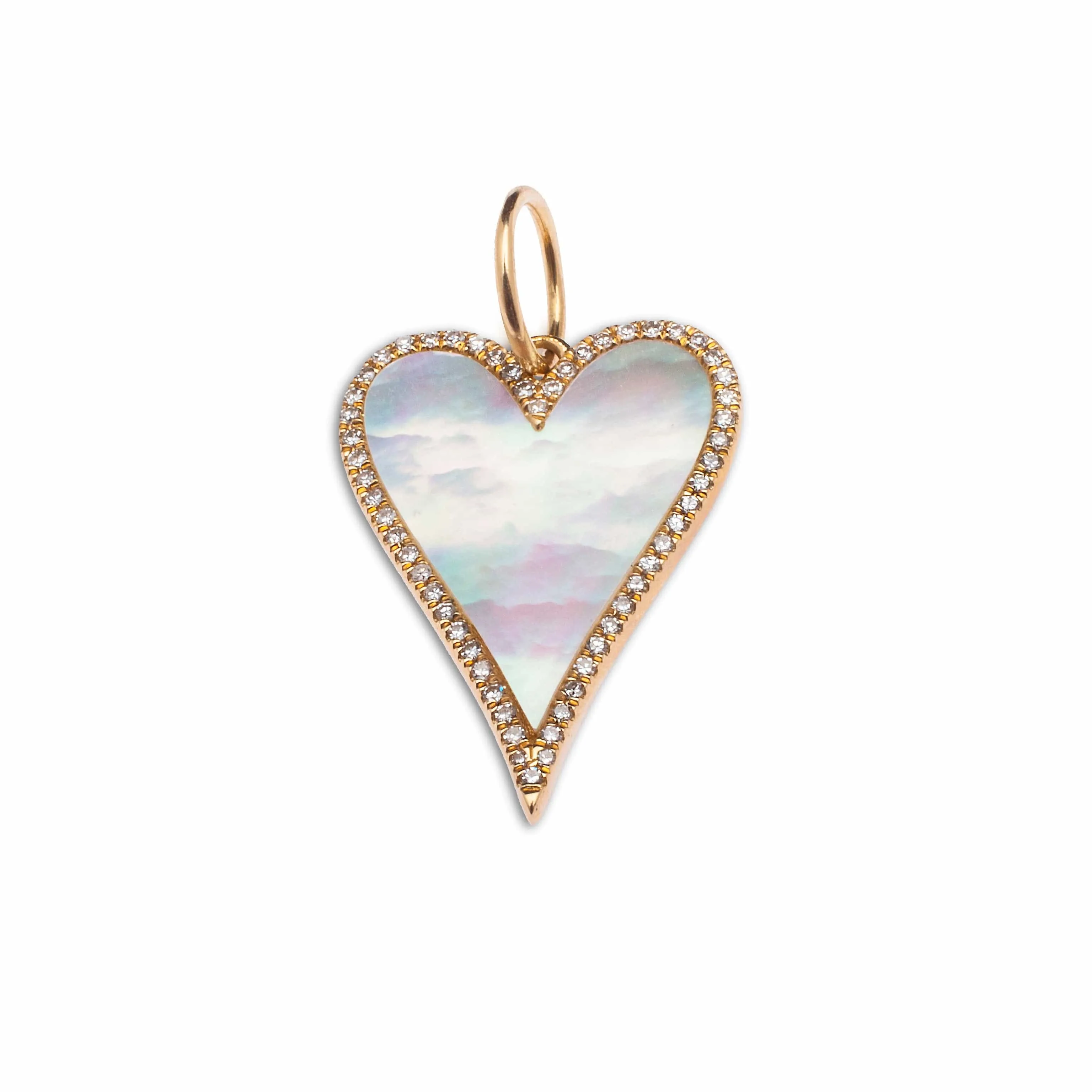 14K Gold Large Mother of Pearl and Diamond Elongated Heart Charm