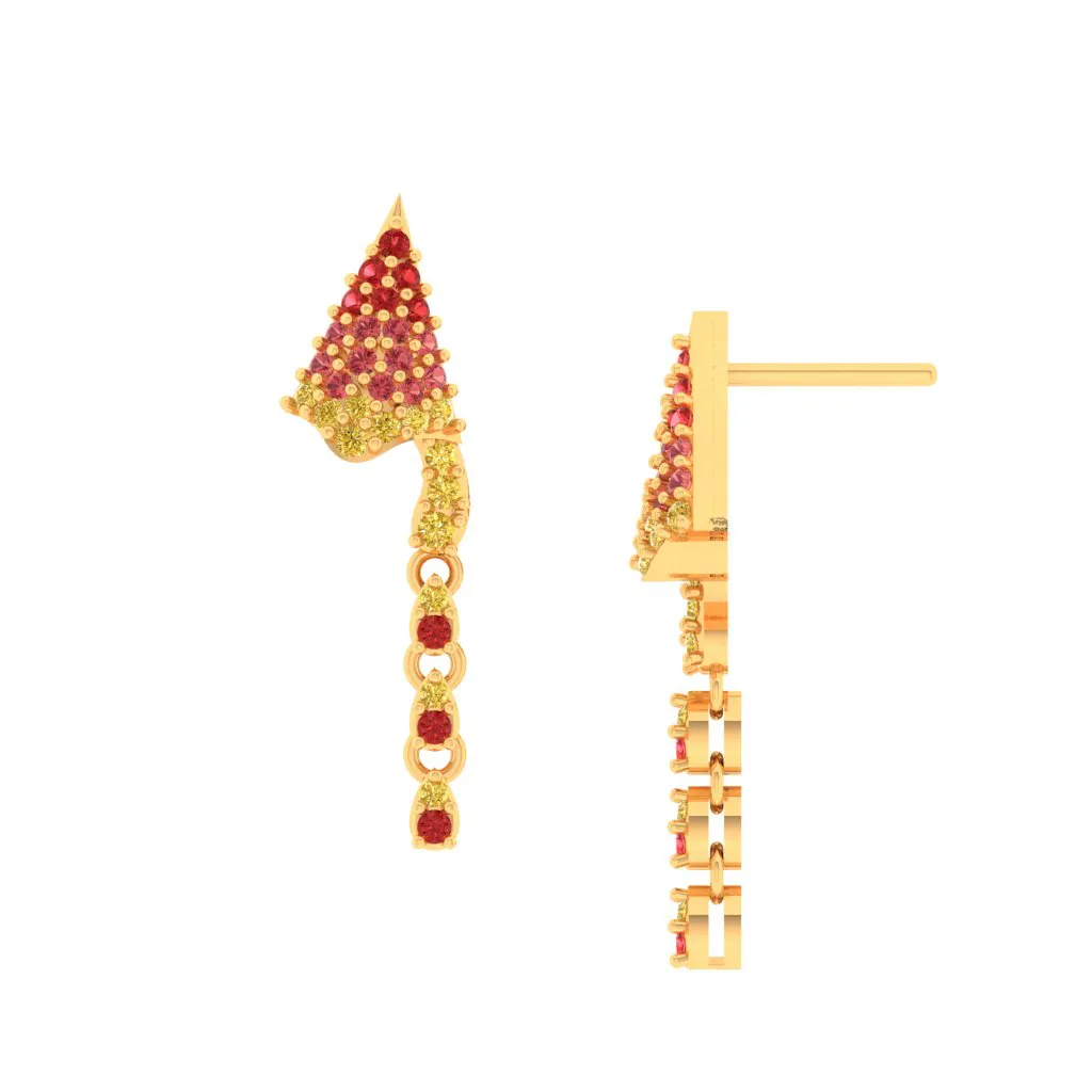 14k Unique Shaped Gold Earrings Gorgeous Red Stones