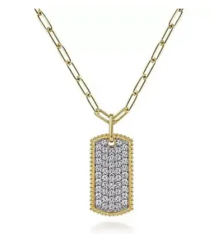 14K Yellow Gold Diamond Pavé Dog Tag Pendant Hollow Chain Necklace by Gabriel