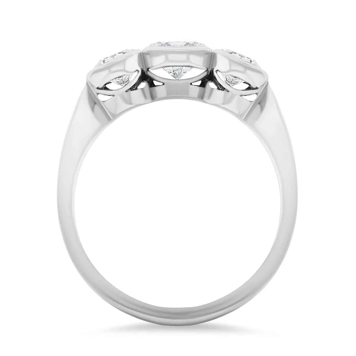 1.50ct Betty Round Cut Three Stone Rubover Engagement Ring | 18K White Gold