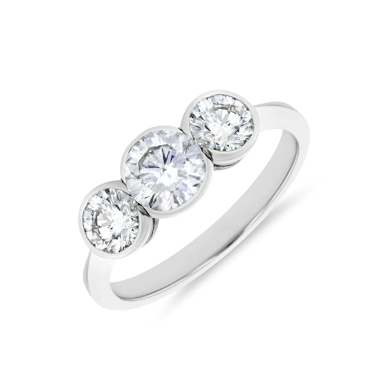 1.50ct Betty Round Cut Three Stone Rubover Engagement Ring | 18K White Gold