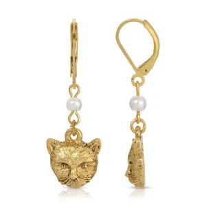 1928 Jewelry Faux Pearl Gold Cat Dangling Earrings