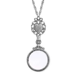 1928 Jewelry Filigree Heart And Round Magnifying Glass Pendant Necklace 28" - Magnification Power: 2X