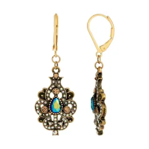 1928 Jewelry Peacock Plumage Art Nouveau Style Blue Iridescent AB Glass Drop Earrings