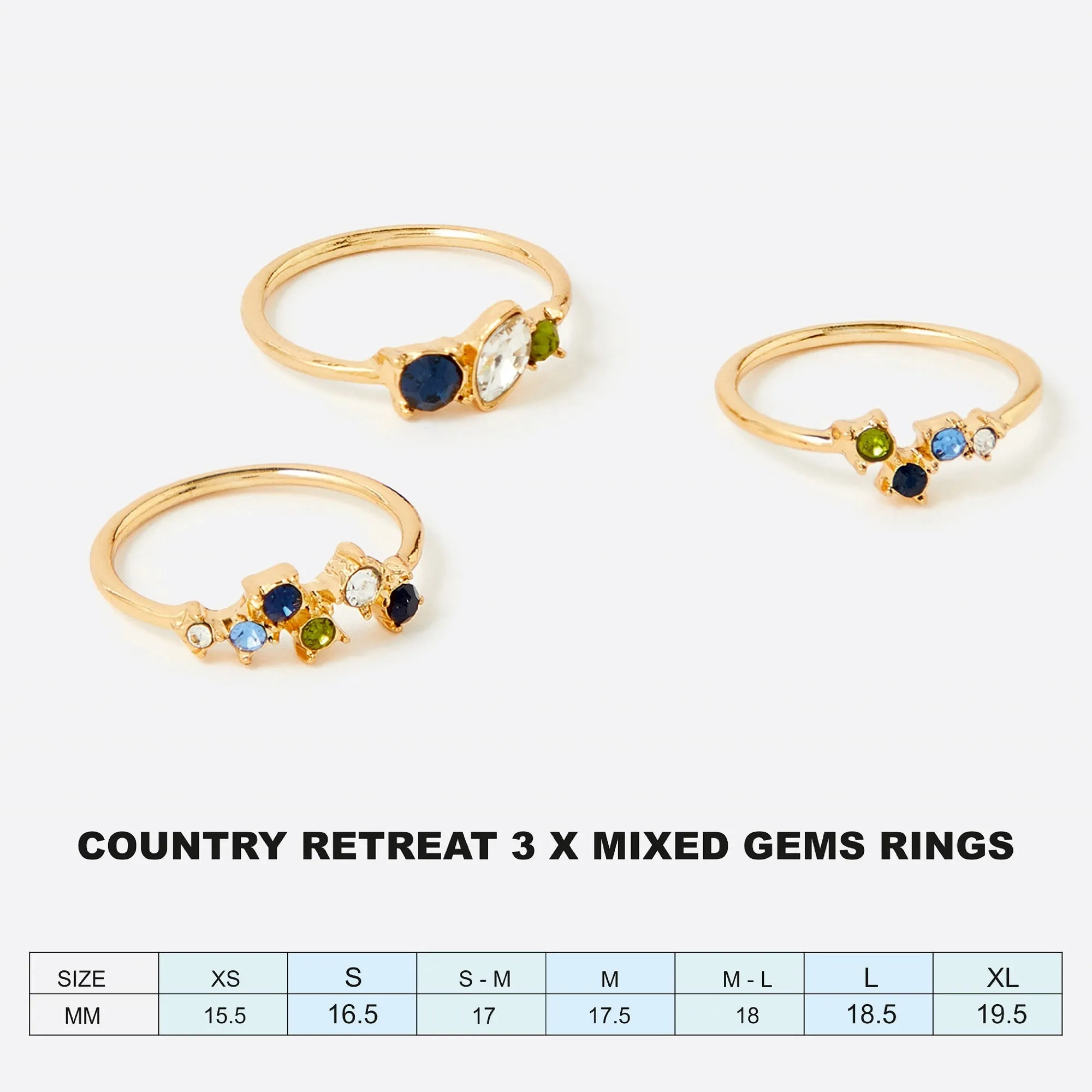 Accessorize London Women's Country Retreat Set Of 3  Mixed Gems Rings Large