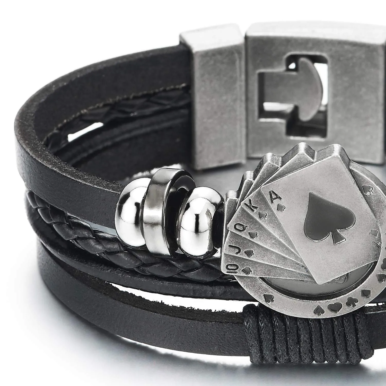 Ace Card Poker Spade Sequence Bead Charms Multi-Strand Black Braided Leather Wrap Wristband Bracelet