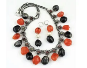 Amazingly Unique 127Gm Carnelian And Tibetan Silver Necklace And Earring Set