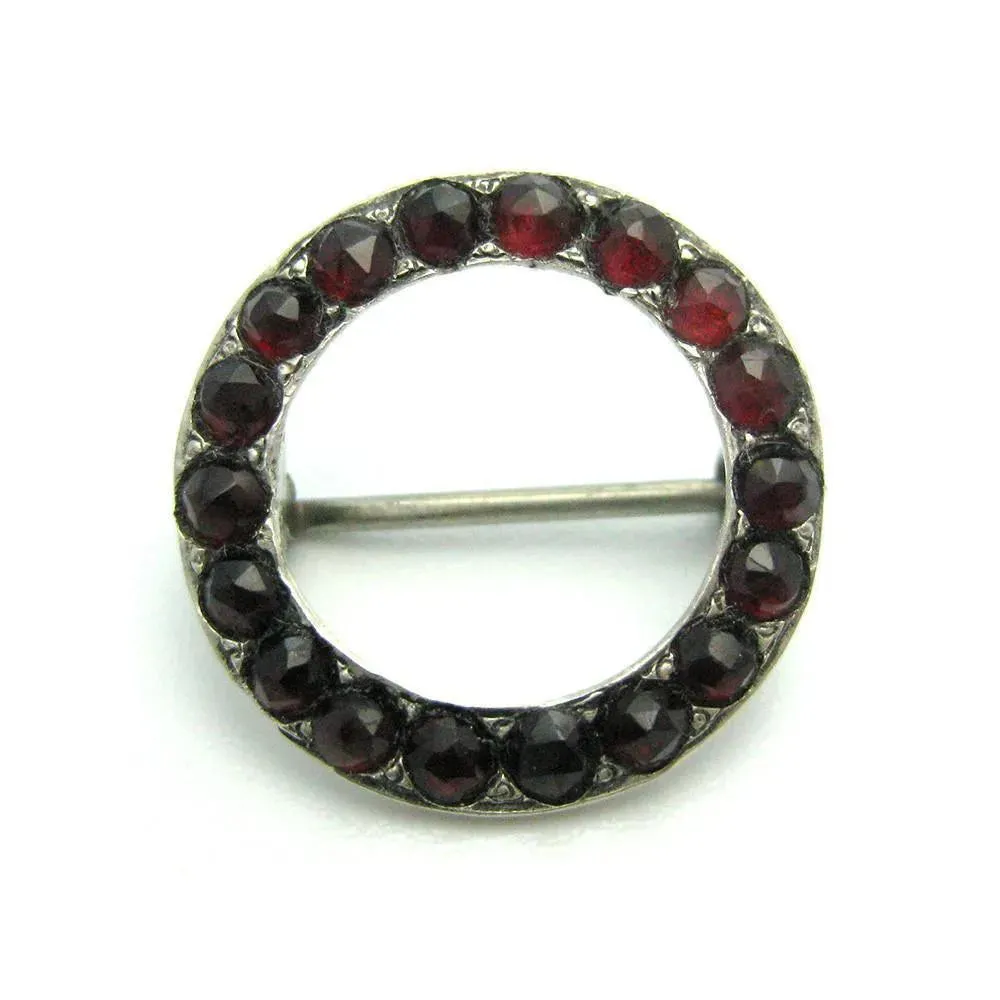 Antique Victorian (1837-1901) Sterling Silver & Garnet Gemstone Brooch