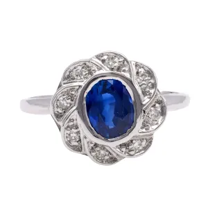 Art Deco Sapphire and Diamond 14k White Gold Cluster Ring