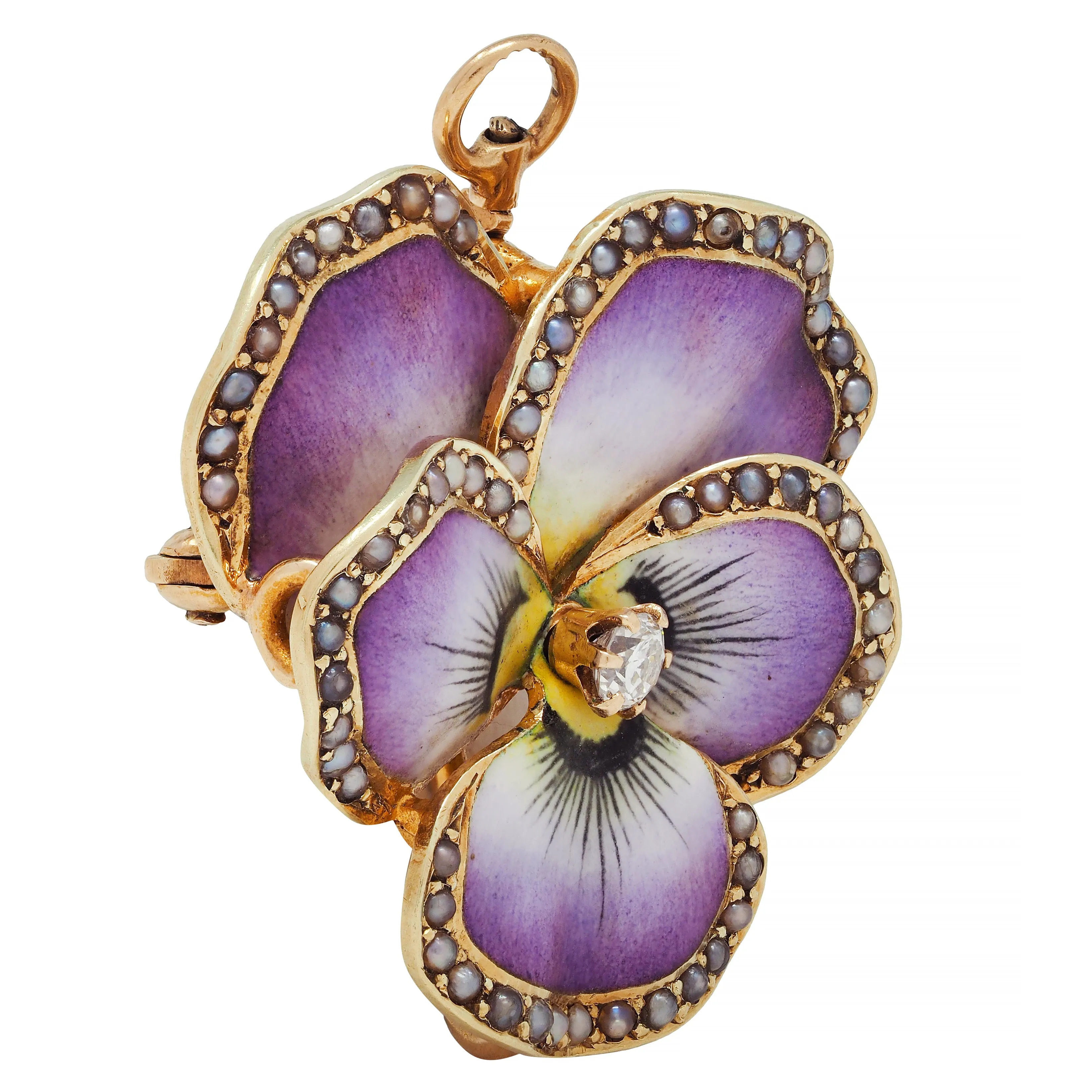 Art Nouveau Diamond Pearl Enamel 14 Karat Gold Pansy Antique Pendant Brooch