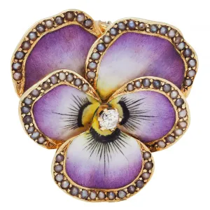 Art Nouveau Diamond Pearl Enamel 14 Karat Gold Pansy Antique Pendant Brooch