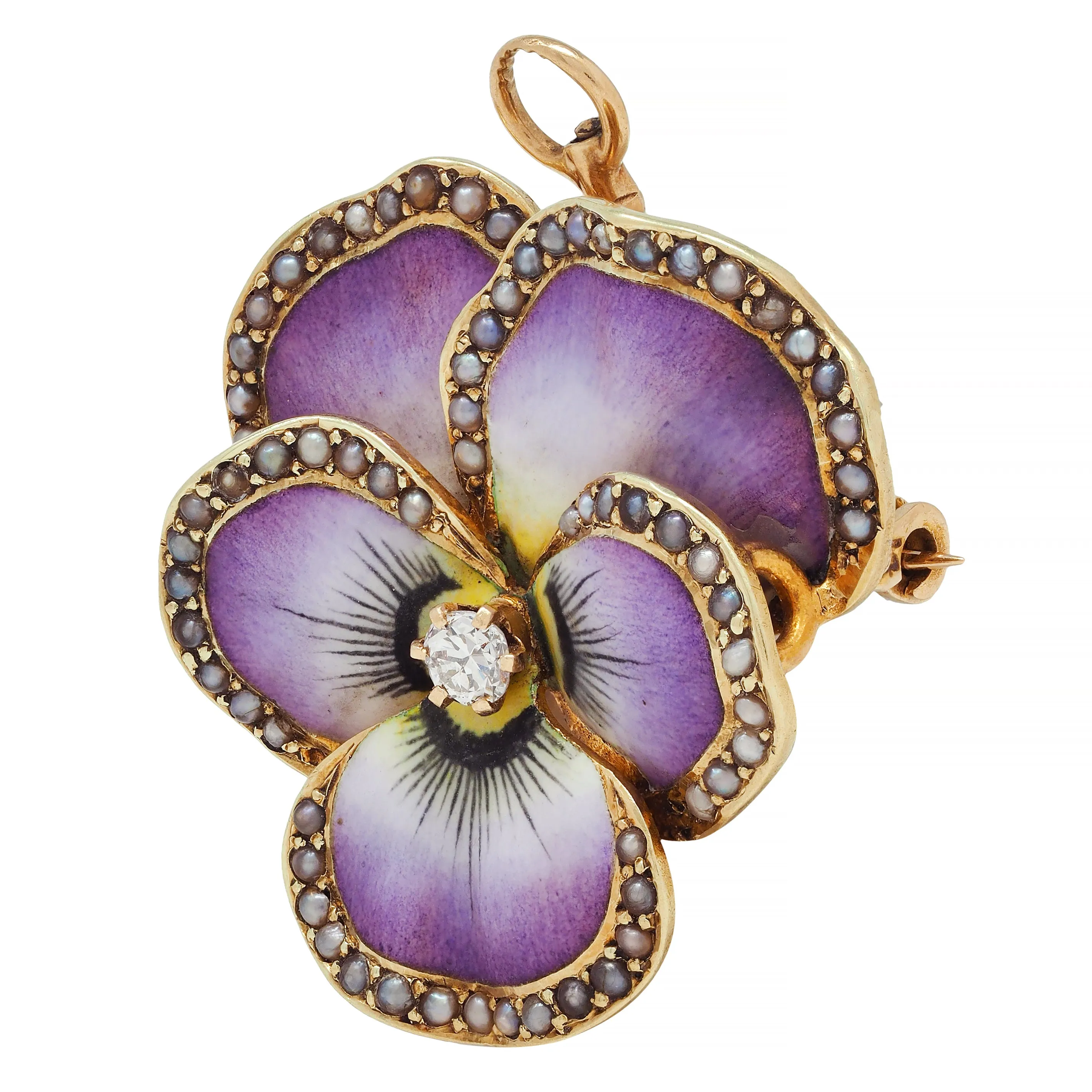 Art Nouveau Diamond Pearl Enamel 14 Karat Gold Pansy Antique Pendant Brooch