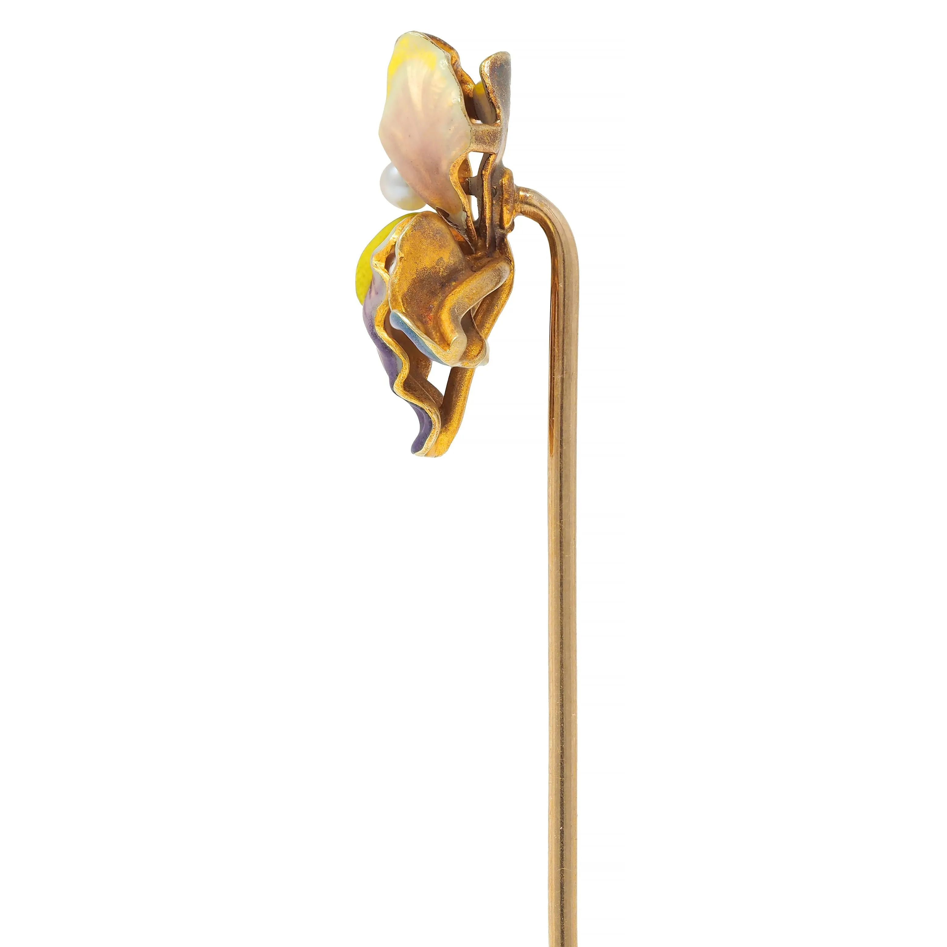 Art Nouveau Enamel Pearl 14 Karat Gold Antique Iris Flower Whiteside & Blank Stickpin