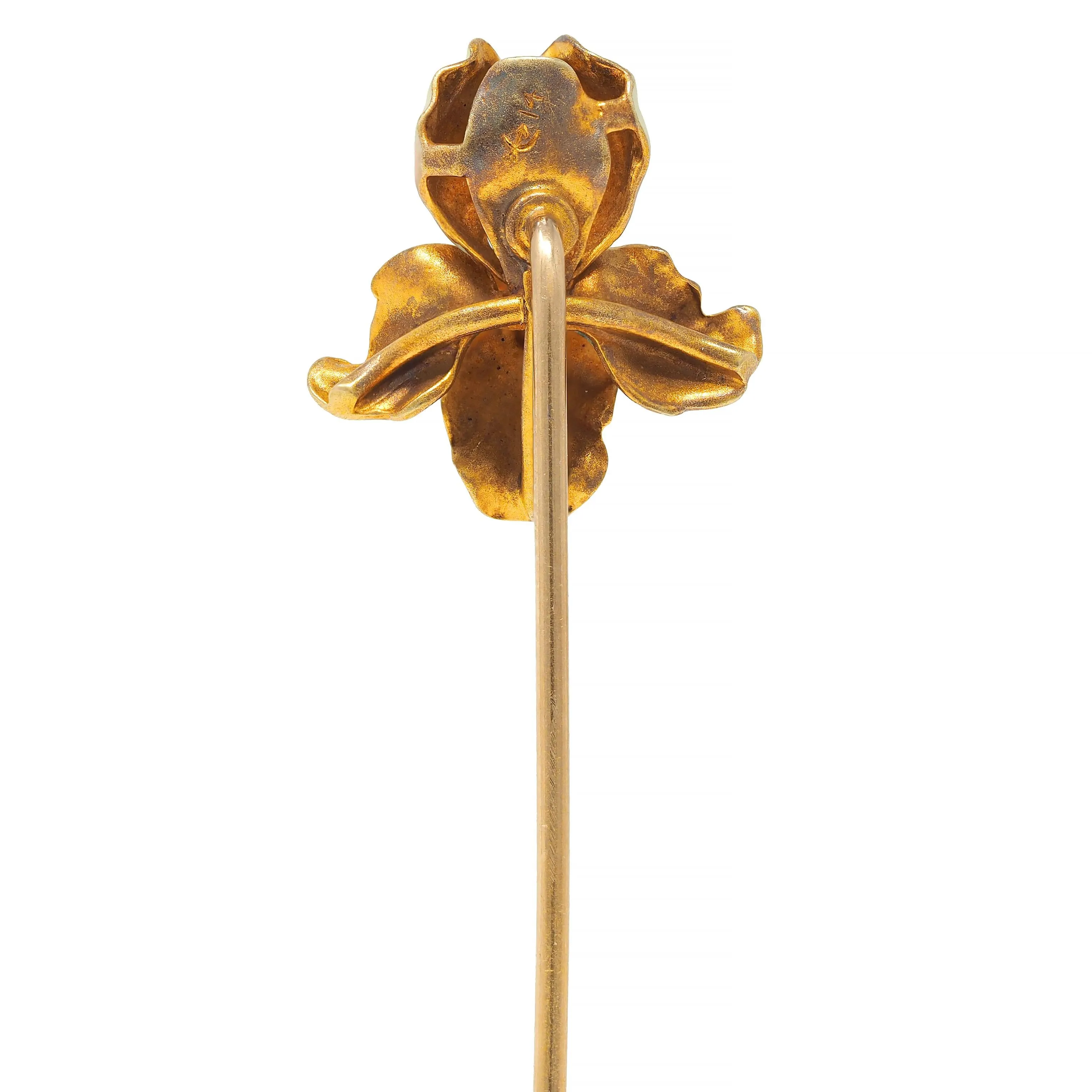 Art Nouveau Enamel Pearl 14 Karat Gold Antique Iris Flower Whiteside & Blank Stickpin