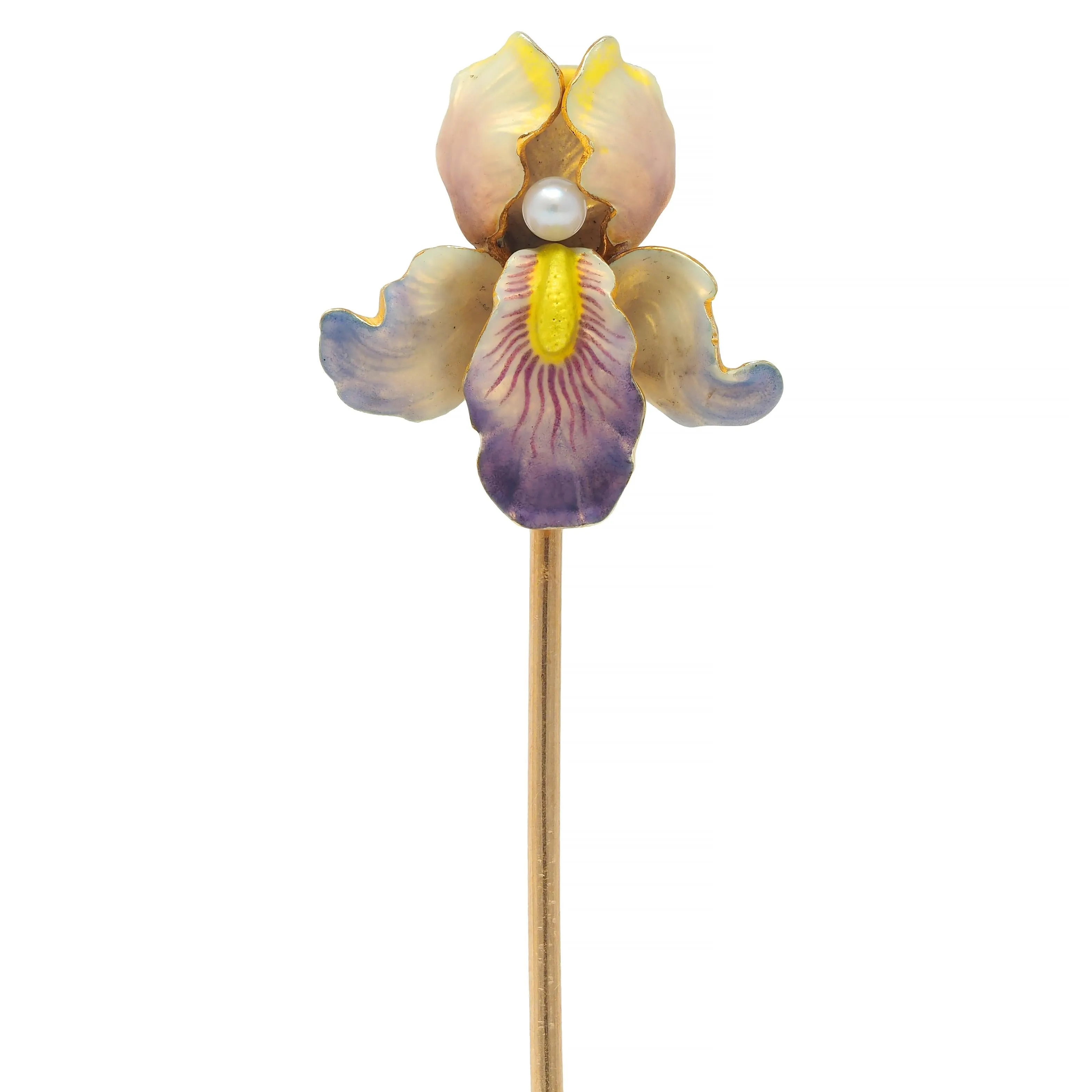 Art Nouveau Enamel Pearl 14 Karat Gold Antique Iris Flower Whiteside & Blank Stickpin