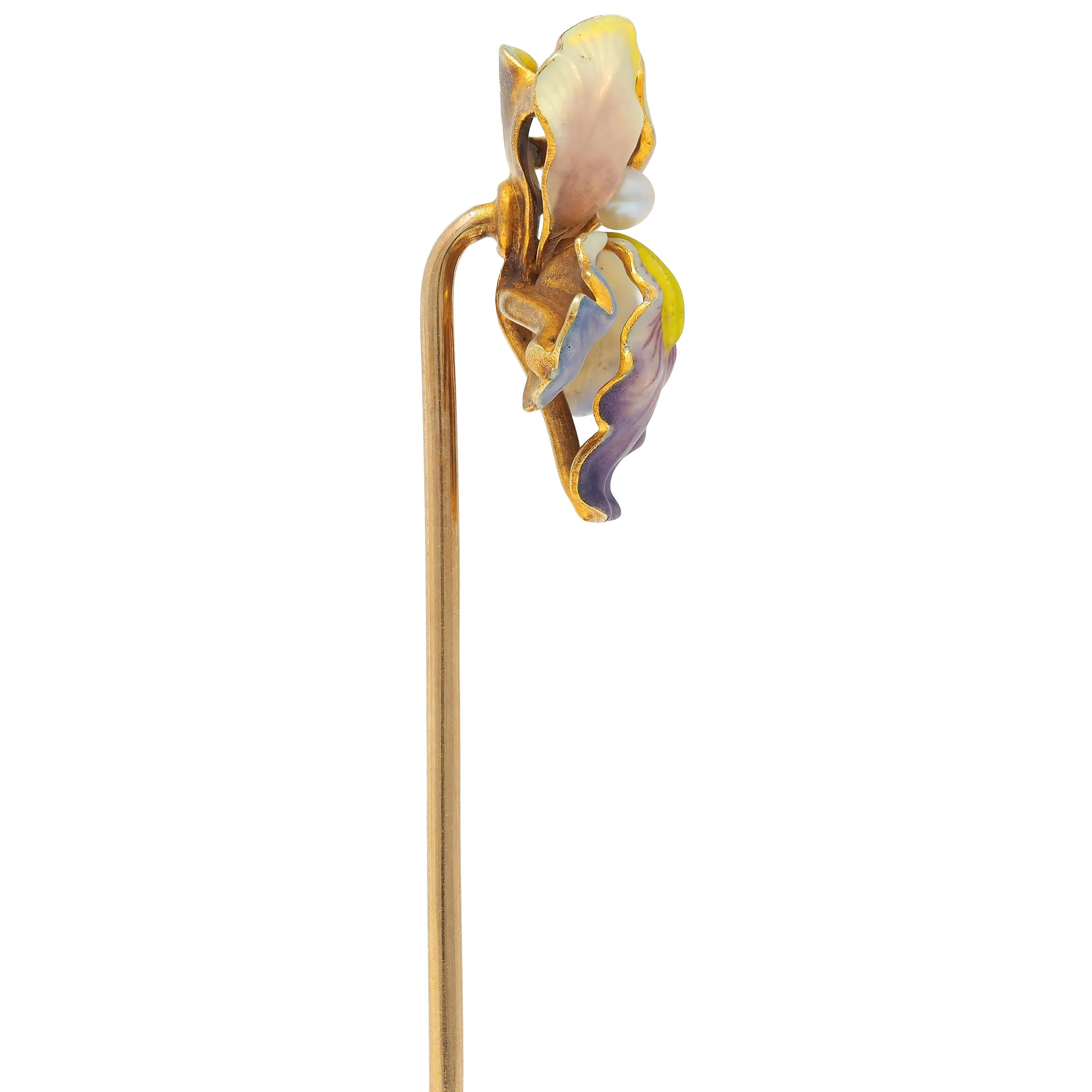 Art Nouveau Enamel Pearl 14 Karat Gold Antique Iris Flower Whiteside & Blank Stickpin