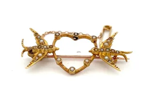 Bird & Heart Seed Pearl 9ct Yellow Gold Brooch