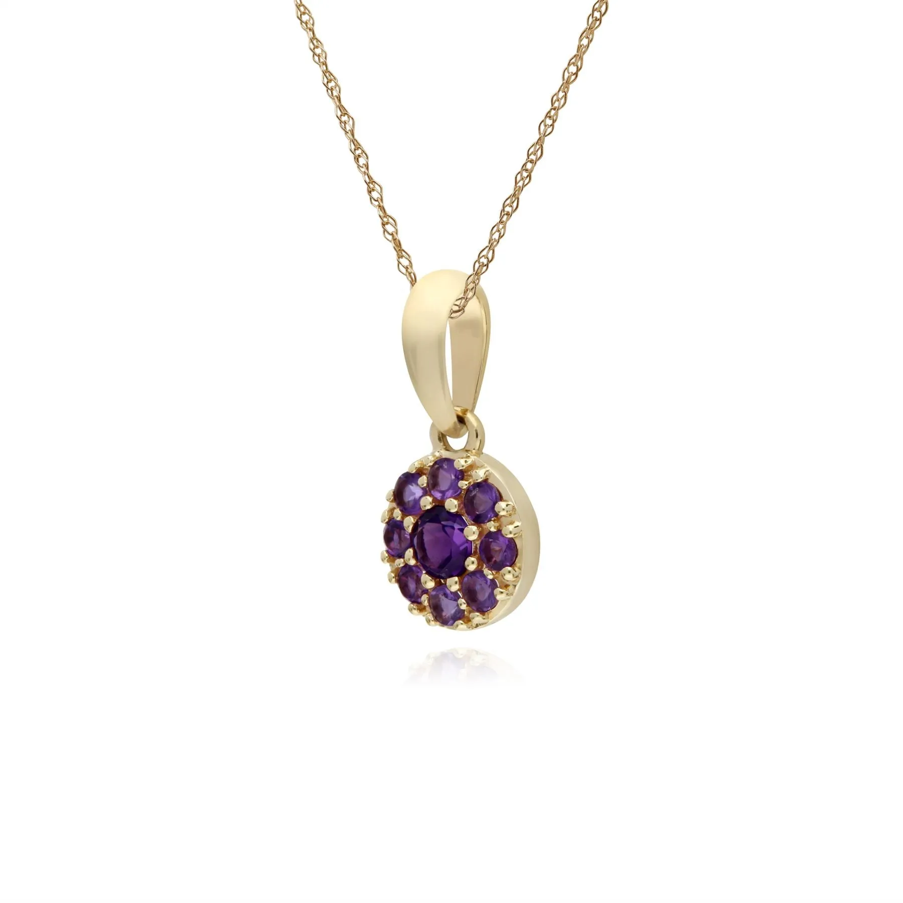 Damen 9 Karat Gelbgold Amethyst Rund Haufen Anhänger auf 45cm Kette