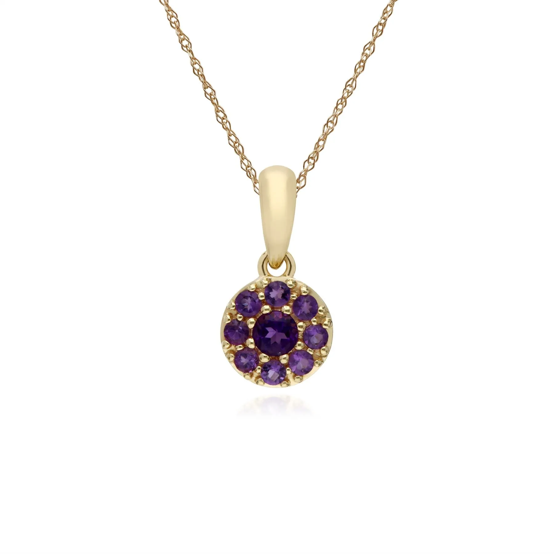 Damen 9 Karat Gelbgold Amethyst Rund Haufen Anhänger auf 45cm Kette