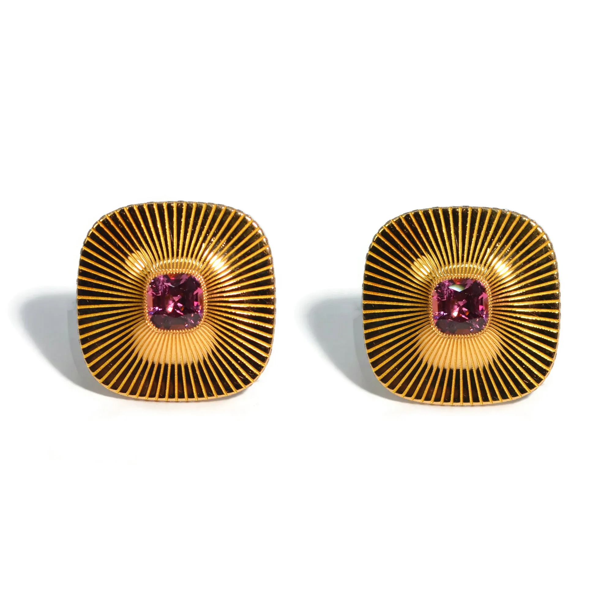 Eclat Jewels - Engraved Disc Earrings with Pink Spinel and Diamonds, 18k Yellow Gold