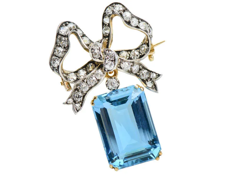 Edwardian Aquamarine & Diamond Bow Brooch Pendant