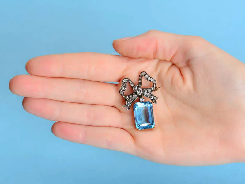 Edwardian Aquamarine & Diamond Bow Brooch Pendant