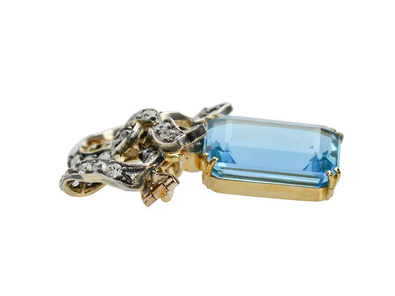 Edwardian Aquamarine & Diamond Bow Brooch Pendant