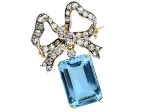 Edwardian Aquamarine & Diamond Bow Brooch Pendant