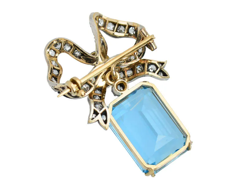 Edwardian Aquamarine & Diamond Bow Brooch Pendant