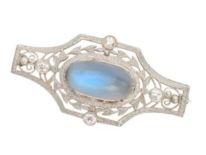 Edwardian Blue Moonstone Platinum Diamond Brooch