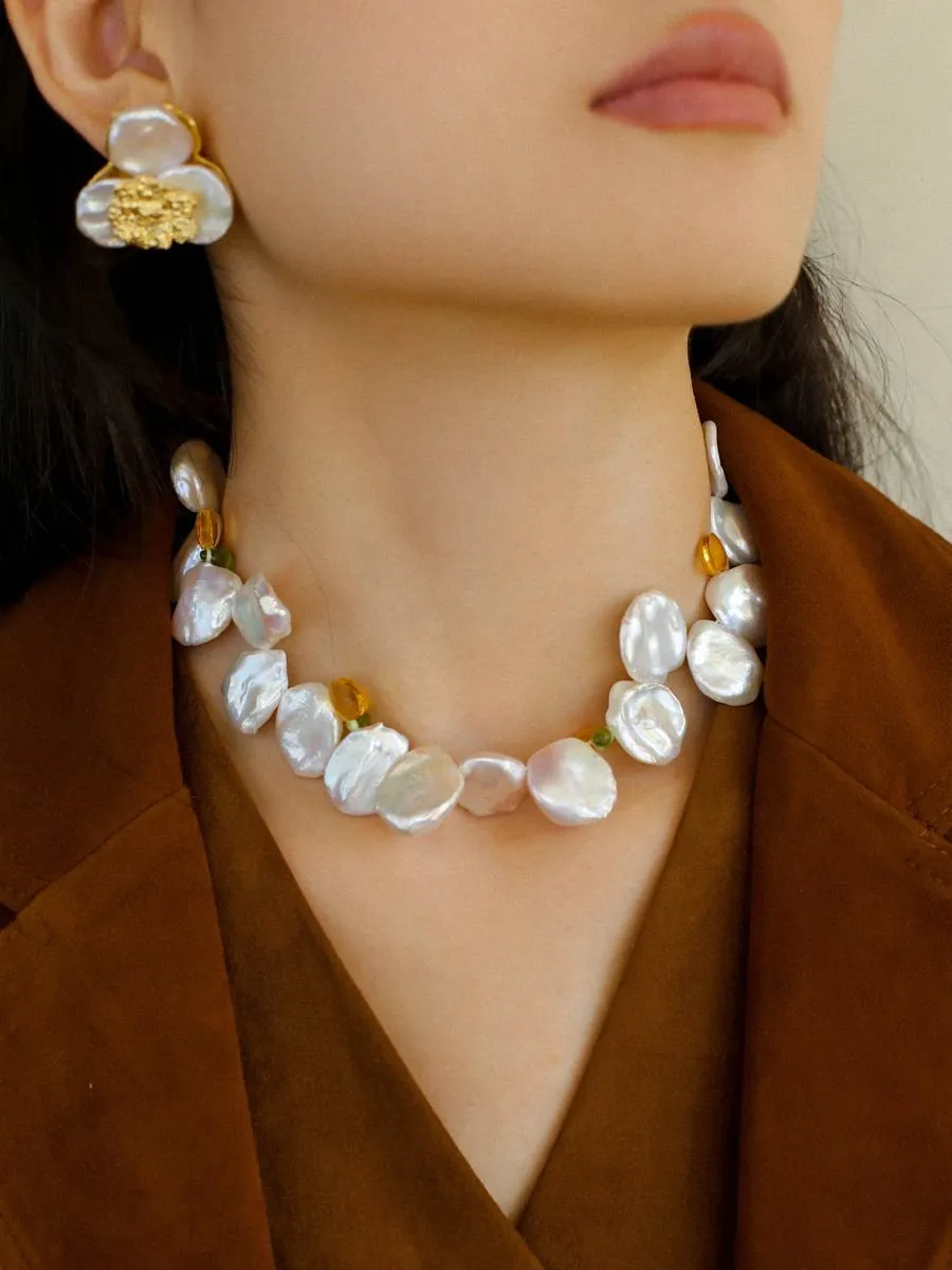 Exaggerated Large Petal Baroque Pearls Necklace