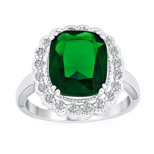 Fashion Rectangle CZ Pave Green Emerald Cocktail Statement Ring Silver Plated