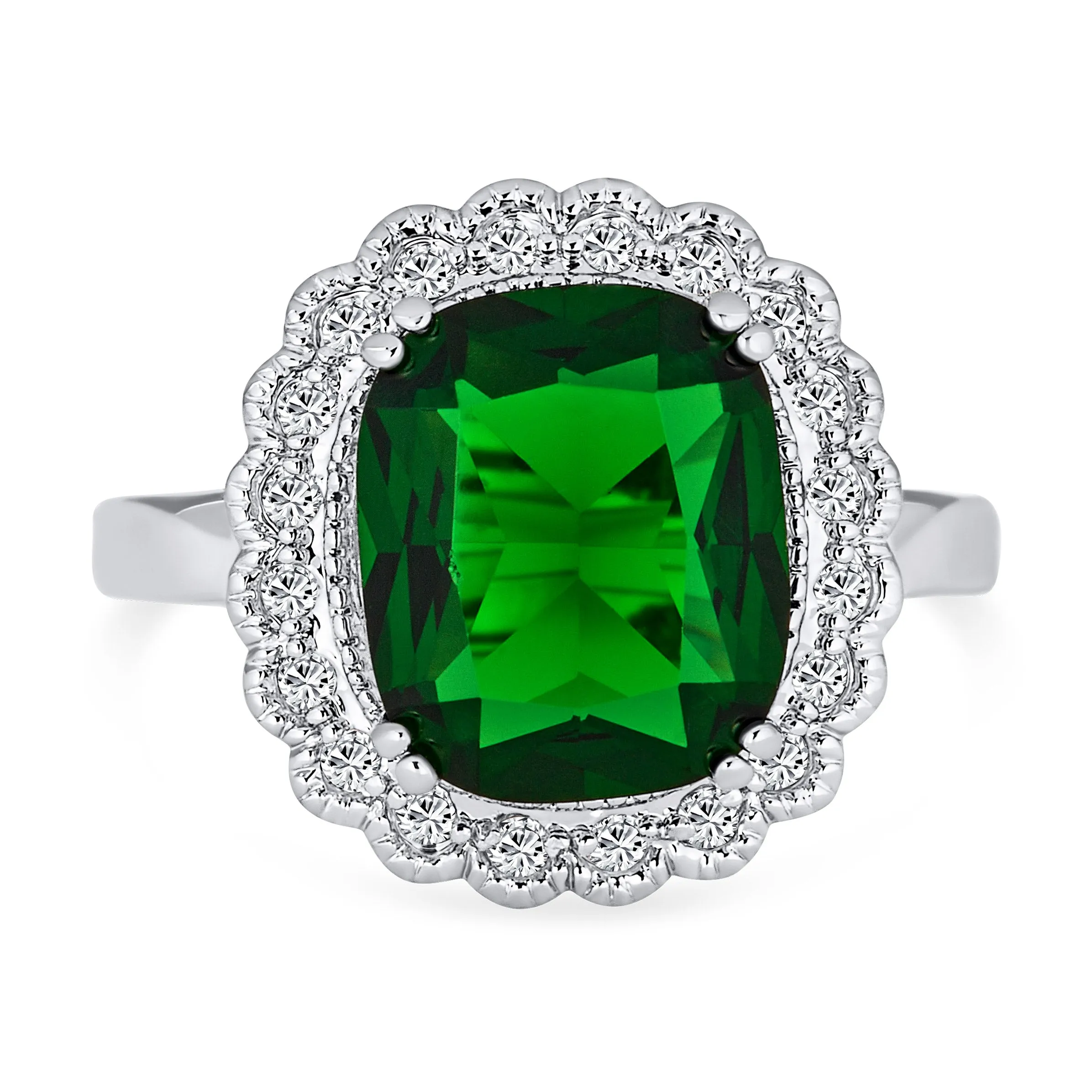 Fashion Rectangle CZ Pave Green Emerald Cocktail Statement Ring Silver Plated