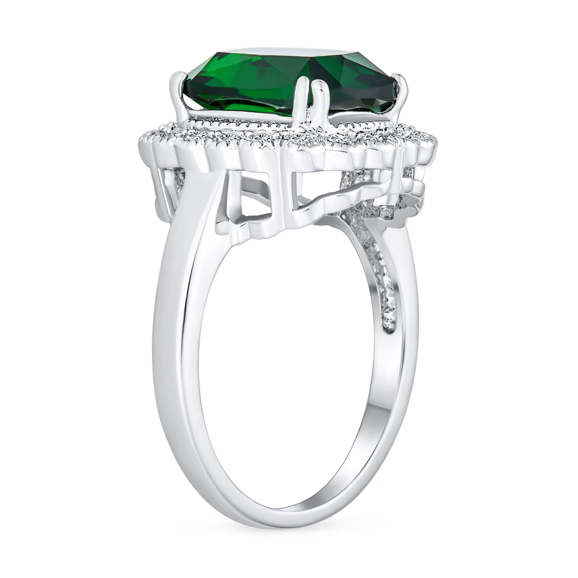 Fashion Rectangle CZ Pave Green Emerald Cocktail Statement Ring Silver Plated