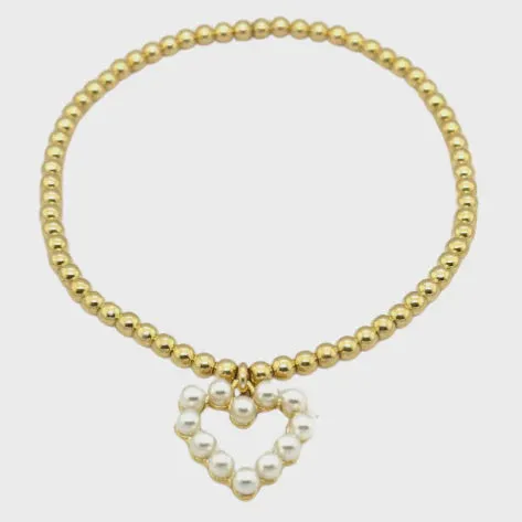 FWP Heart CZ Charm Gold Filled Ball Bead Bracelet