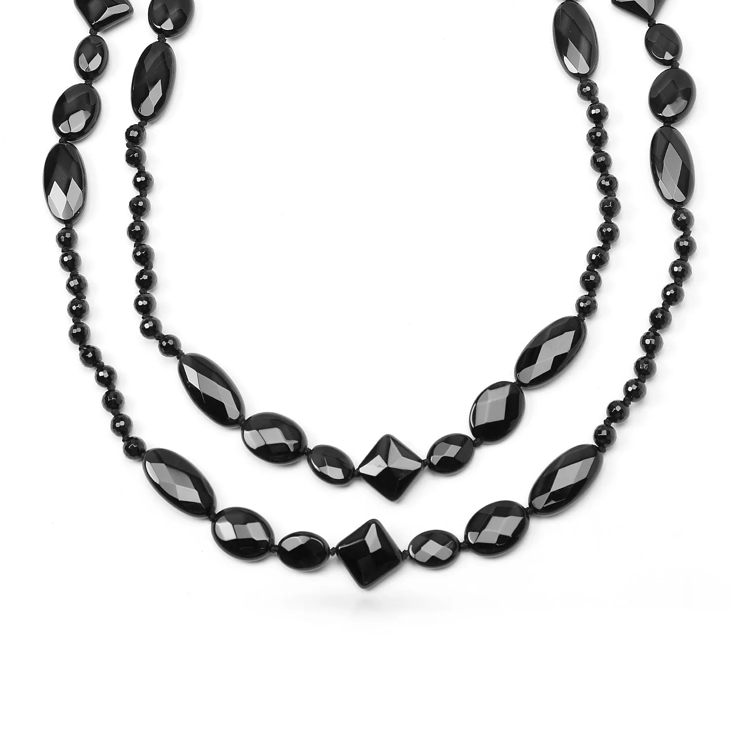 Geometric Faceted Onyx Beads Long Layering Strand Necklace 53 Inch