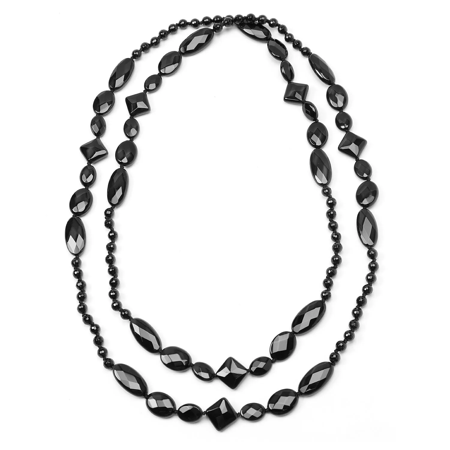 Geometric Faceted Onyx Beads Long Layering Strand Necklace 53 Inch