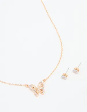 Gold Cubic Zirconia Butterfly Necklaces & Stud Earrings Pack