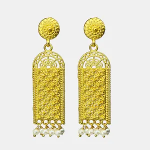 Gold-Plated Taj Mahal -Inspired Dangle Earrings with Pearl Drops