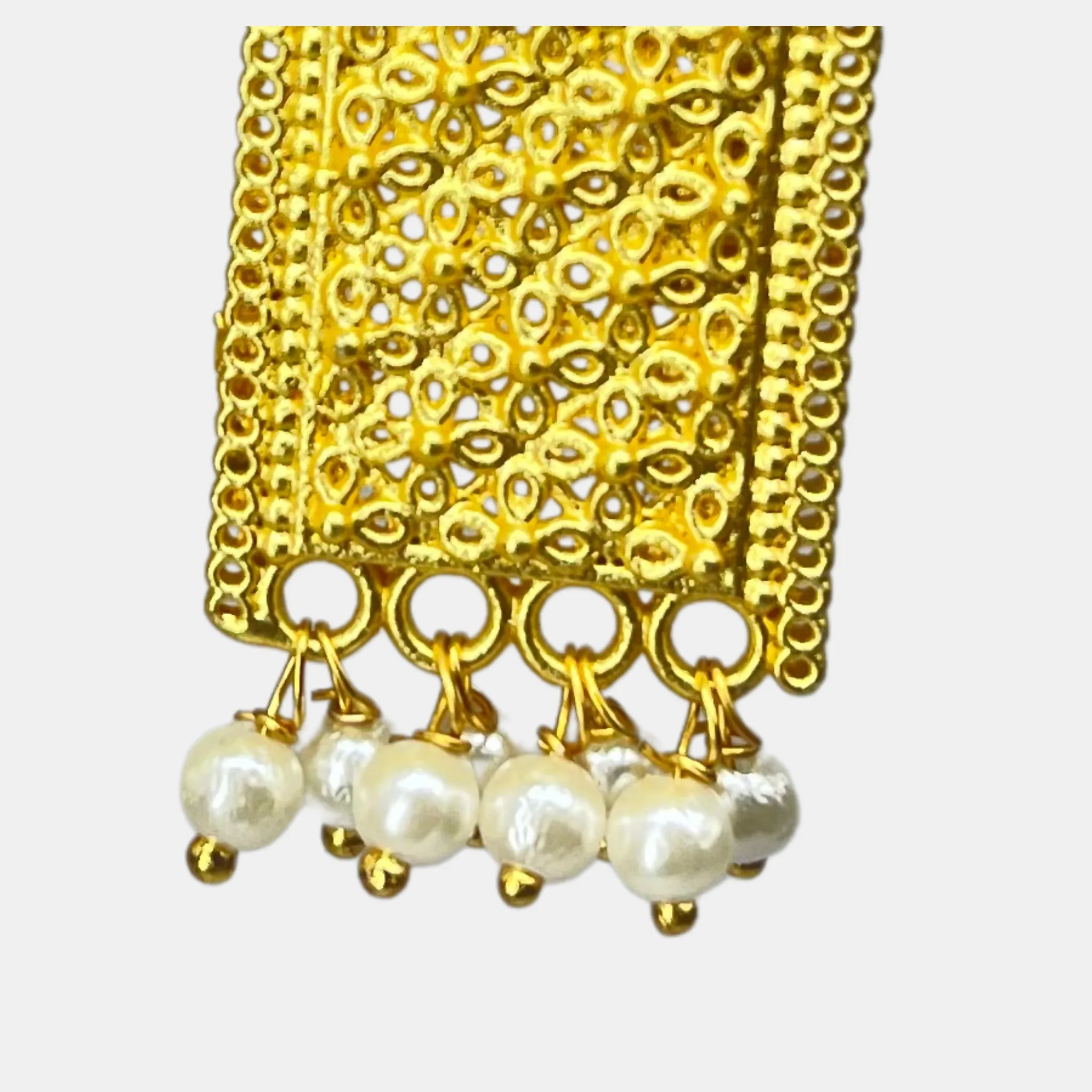 Gold-Plated Taj Mahal -Inspired Dangle Earrings with Pearl Drops