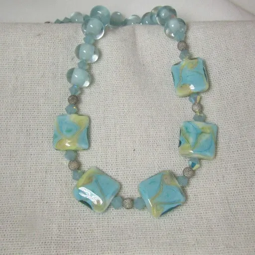 Handmade Artisan Bead Necklace in Aqua