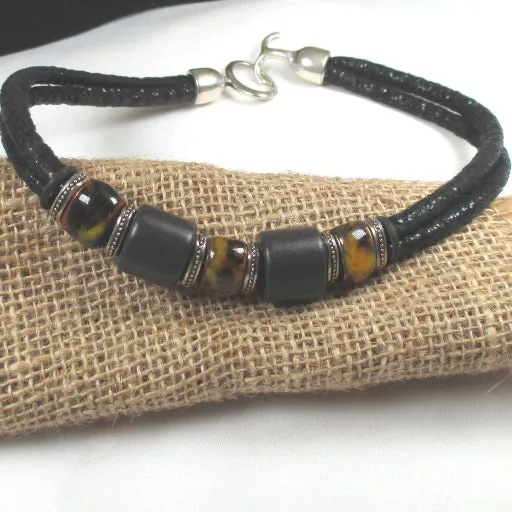 Handmade Black Beads on Black Metallic Cord Necklace