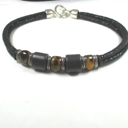 Handmade Black Beads on Black Metallic Cord Necklace