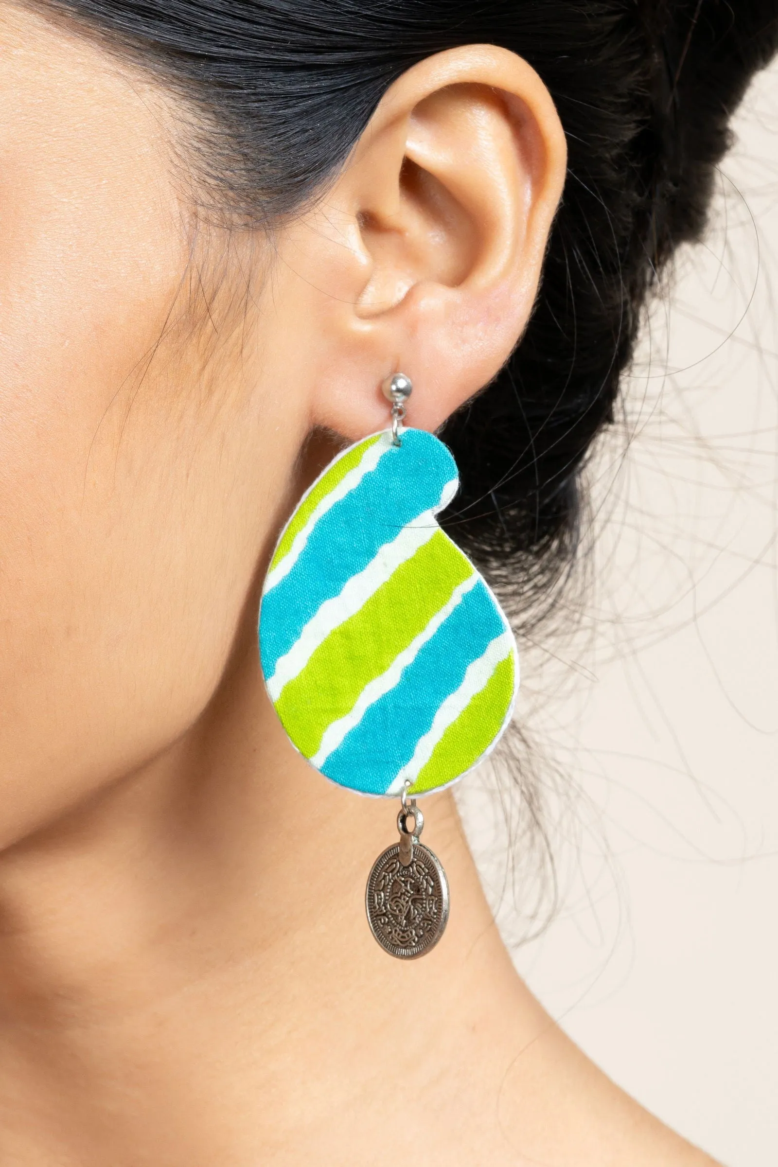 Handmade Leheriya Coin Earrings in Turquoise Blue Green with Oxidized Studs, Unique Fabric Design