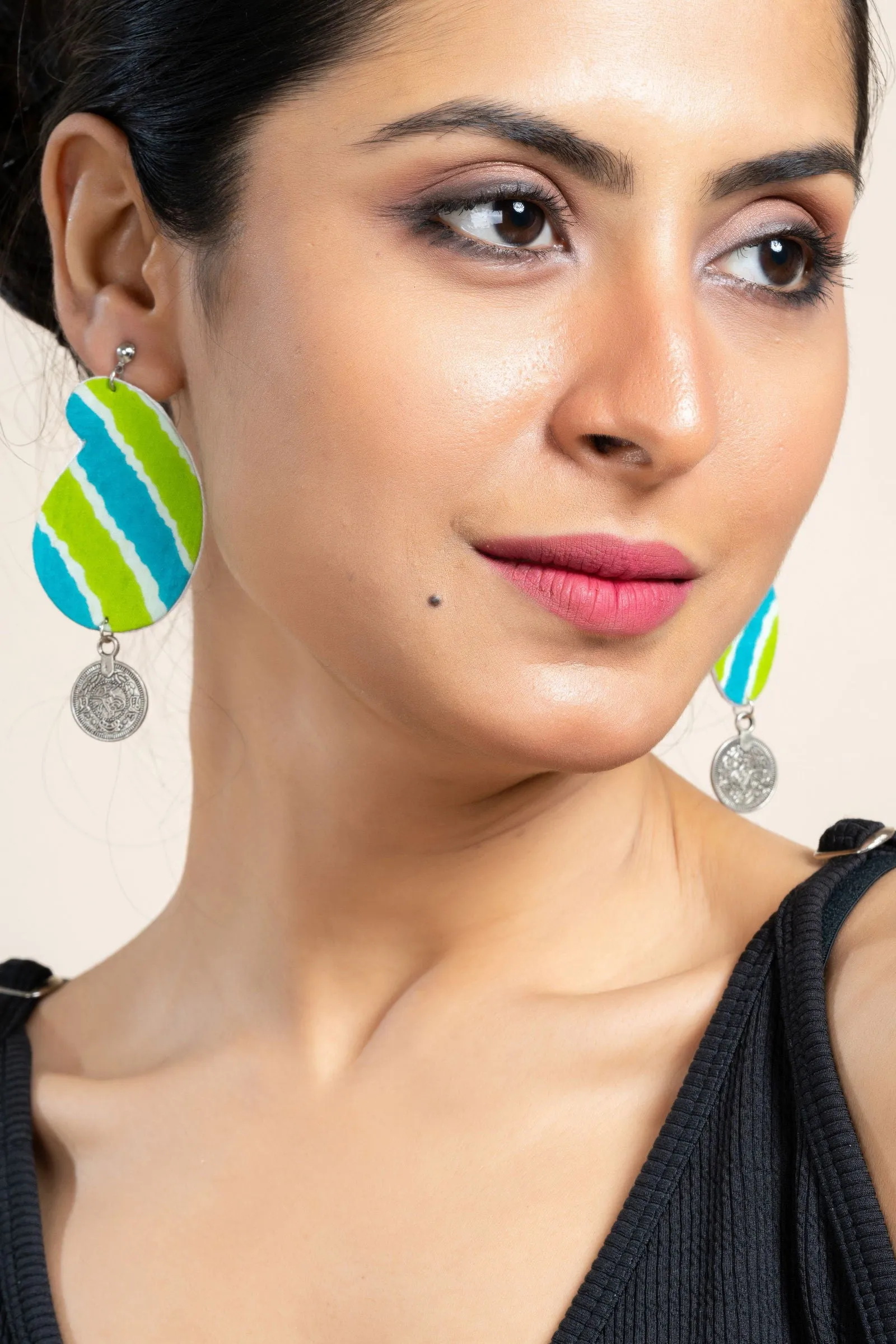 Handmade Leheriya Coin Earrings in Turquoise Blue Green with Oxidized Studs, Unique Fabric Design