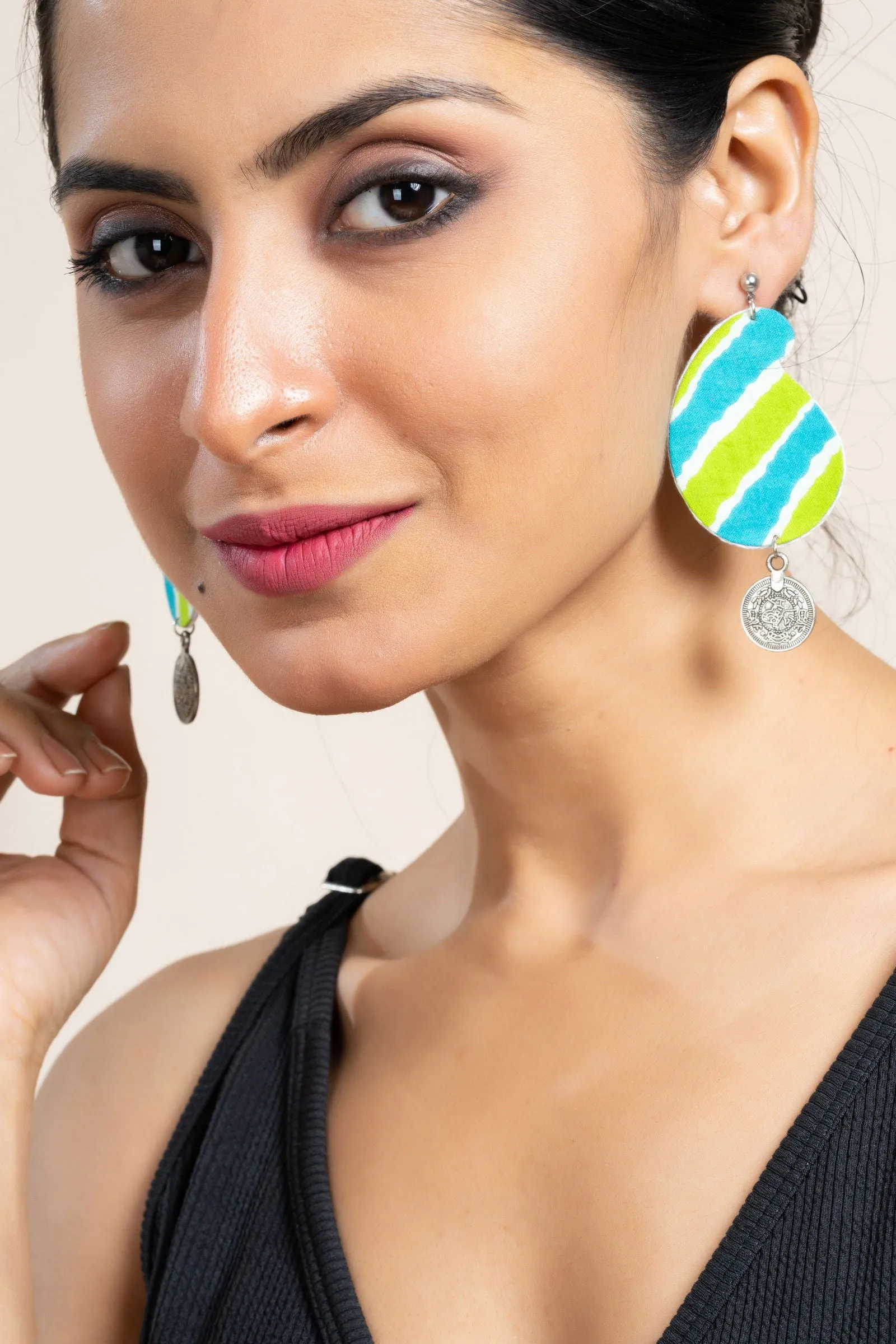 Handmade Leheriya Coin Earrings in Turquoise Blue Green with Oxidized Studs, Unique Fabric Design