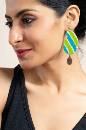 Handmade Leheriya Coin Earrings in Turquoise Blue Green with Oxidized Studs, Unique Fabric Design